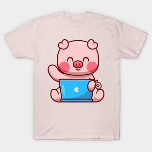 Cute Pig Working On Laptop Cartoon T-Shirt